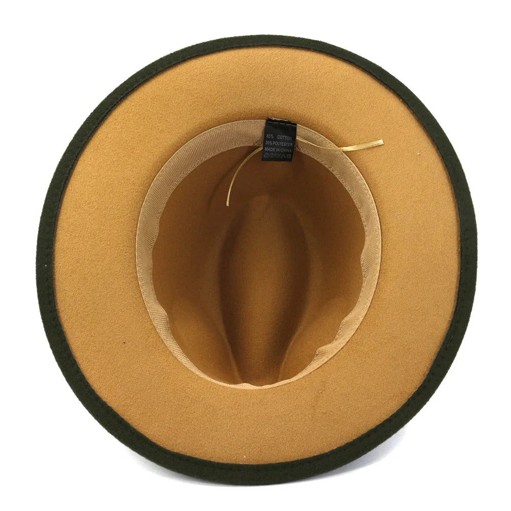 QBHAT Olive Green with Tan Bottom Patchwork Two Tone Color Wool Felt Jazz Fedora Hats Women Men Party Festival Formal Hat