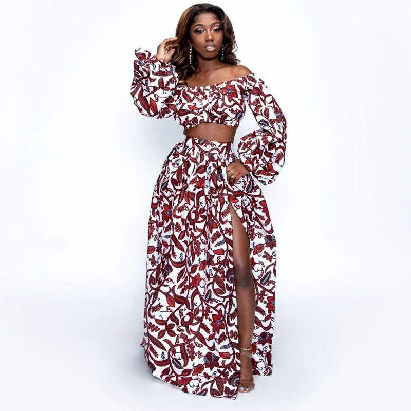 African Clothing National Print 2 Piece Set Women Sexy Slash-neck Long Sleeve Tops +High Slit Maxi Skirt Summer Casual Lady Suit