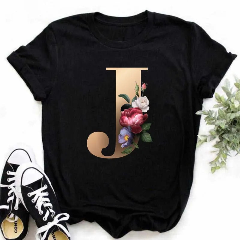 A B C D E English Alphabet Print T Shirt Women New Summer Couples Lovers Female T-Shirt Harajuku Casual Black Tops Tshirts