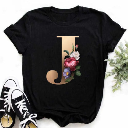 A B C D E English Alphabet Print T Shirt Women New Summer Couples Lovers Female T-Shirt Harajuku Casual Black Tops Tshirts