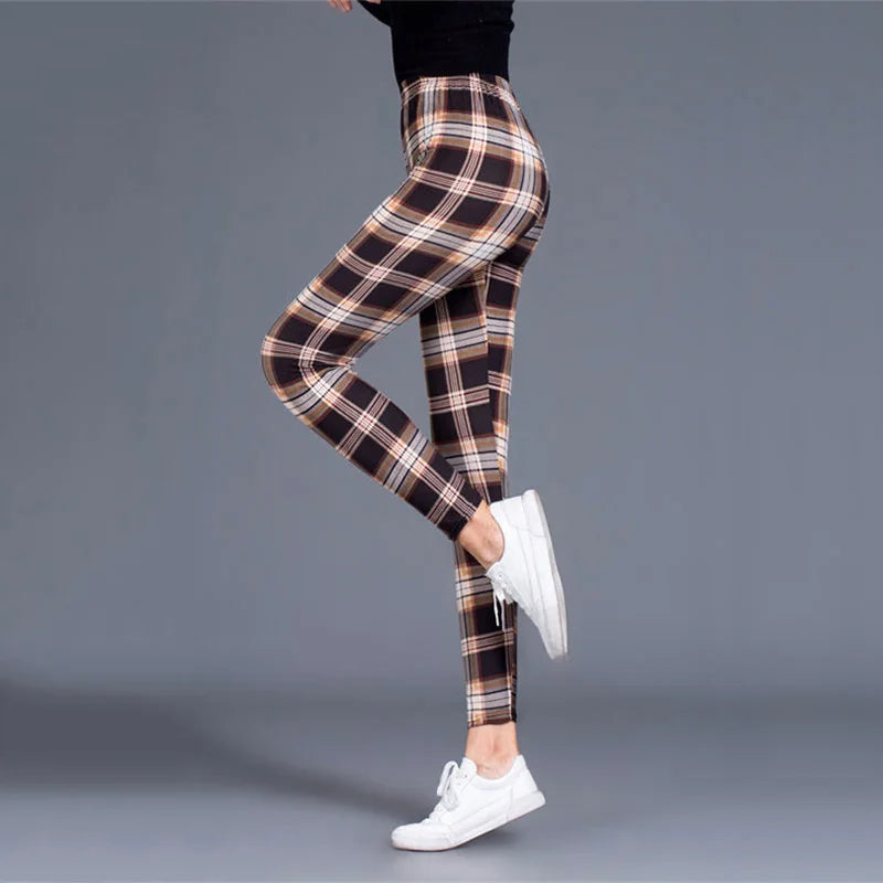 CUHAKCI Fashion Plaid Printing Leggings Women Sexy Fitness Leggins Grid Floral Stripe Trousers High Waist Pencil Pants