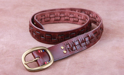 Vintage Luxury Handmade Leather Weave Copper Buckle Men's Belt Cowhide Retro All-match Casual Jeans Soft Belt