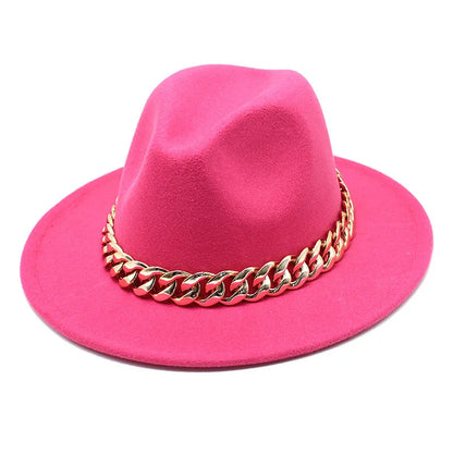 Jazz hat autumn and winter British style big chain women's fedora hat men's retro top hat woolen gentleman hat big brim hat