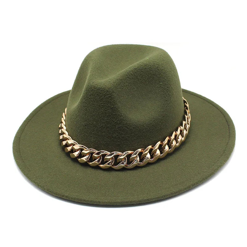 Jazz hat autumn and winter British style big chain women's fedora hat men's retro top hat woolen gentleman hat big brim hat