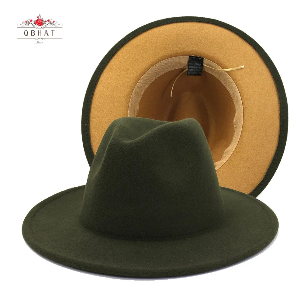 QBHAT Olive Green with Tan Bottom Patchwork Two Tone Color Wool Felt Jazz Fedora Hats Women Men Party Festival Formal Hat