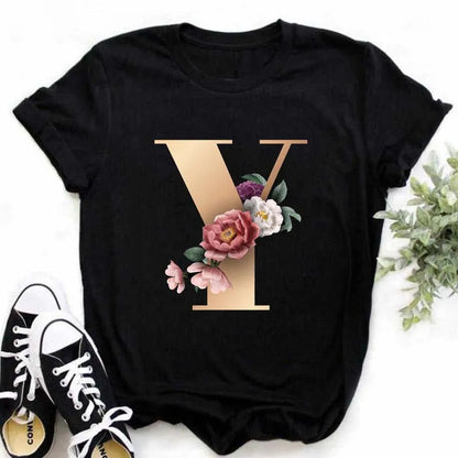 A B C D E English Alphabet Print T Shirt Women New Summer Couples Lovers Female T-Shirt Harajuku Casual Black Tops Tshirts