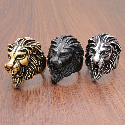 Punk 316L Stainless Steel Silver Color Gold Black Plated King Lion Head Ring Jewelry