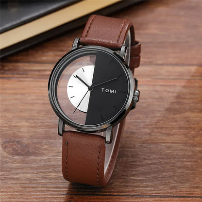 Unique Creative Half Transparent Unisex Watch clock For Men Women Couple Geek Stylish Leather Wrist watches Fashion Quartz watch