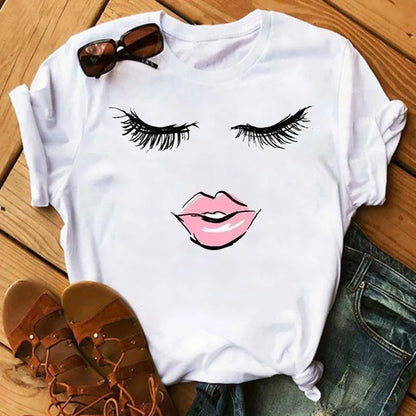 Maycaur Fashion Graphic Women Tops Eyelashes Print Kawaii Lashes Women T Shirt Tee Funny Makeup Aesthetic Shirt Camisas Mujer
