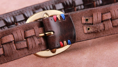 Vintage Luxury Handmade Leather Weave Copper Buckle Men's Belt Cowhide Retro All-match Casual Jeans Soft Belt