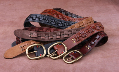 Vintage Luxury Handmade Leather Weave Copper Buckle Men's Belt Cowhide Retro All-match Casual Jeans Soft Belt