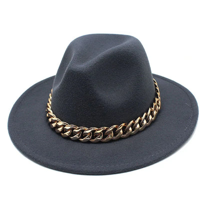 Jazz hat autumn and winter British style big chain women's fedora hat men's retro top hat woolen gentleman hat big brim hat