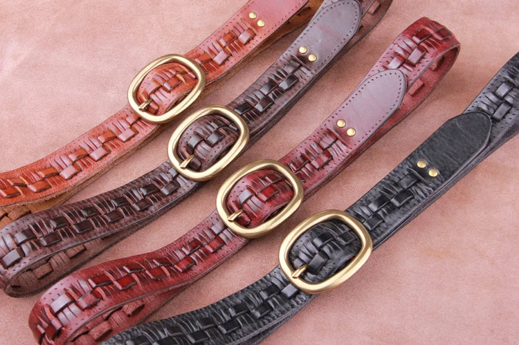 Vintage Luxury Handmade Leather Weave Copper Buckle Men's Belt Cowhide Retro All-match Casual Jeans Soft Belt