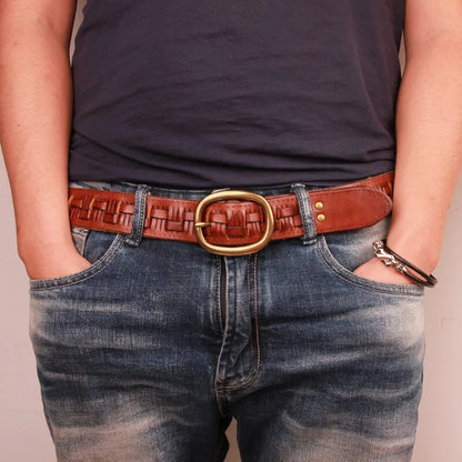 Vintage Luxury Handmade Leather Weave Copper Buckle Men's Belt Cowhide Retro All-match Casual Jeans Soft Belt