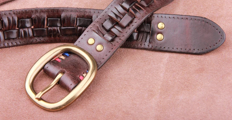 Vintage Luxury Handmade Leather Weave Copper Buckle Men's Belt Cowhide Retro All-match Casual Jeans Soft Belt