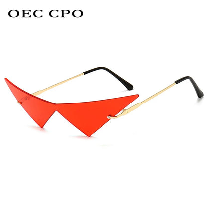 OEC CPO Oversized Cat eye Rimless Sunglasses Women Fashion One Piece Lens Sun Glasses Female Trend Triangle Eyewear Men UV400