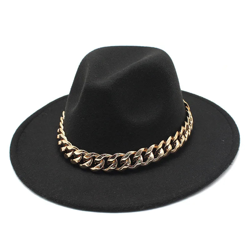 Jazz hat autumn and winter British style big chain women's fedora hat men's retro top hat woolen gentleman hat big brim hat