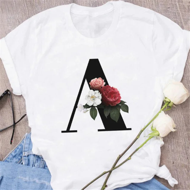 A B C D E English Alphabet Print T Shirt Women New Summer Couples Lovers Female T-Shirt Harajuku Casual Black Tops Tshirts