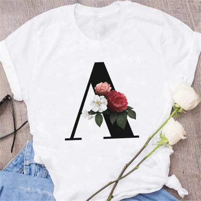 A B C D E English Alphabet Print T Shirt Women New Summer Couples Lovers Female T-Shirt Harajuku Casual Black Tops Tshirts