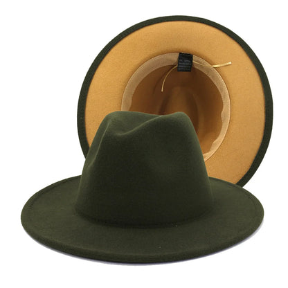 QBHAT Olive Green with Tan Bottom Patchwork Two Tone Color Wool Felt Jazz Fedora Hats Women Men Party Festival Formal Hat