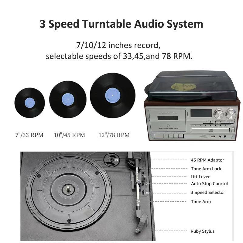 Classic Retro Multifunction 10-in-1 Gramophone Vinyl Record CD Player Tape Radio Speaker Gramophone