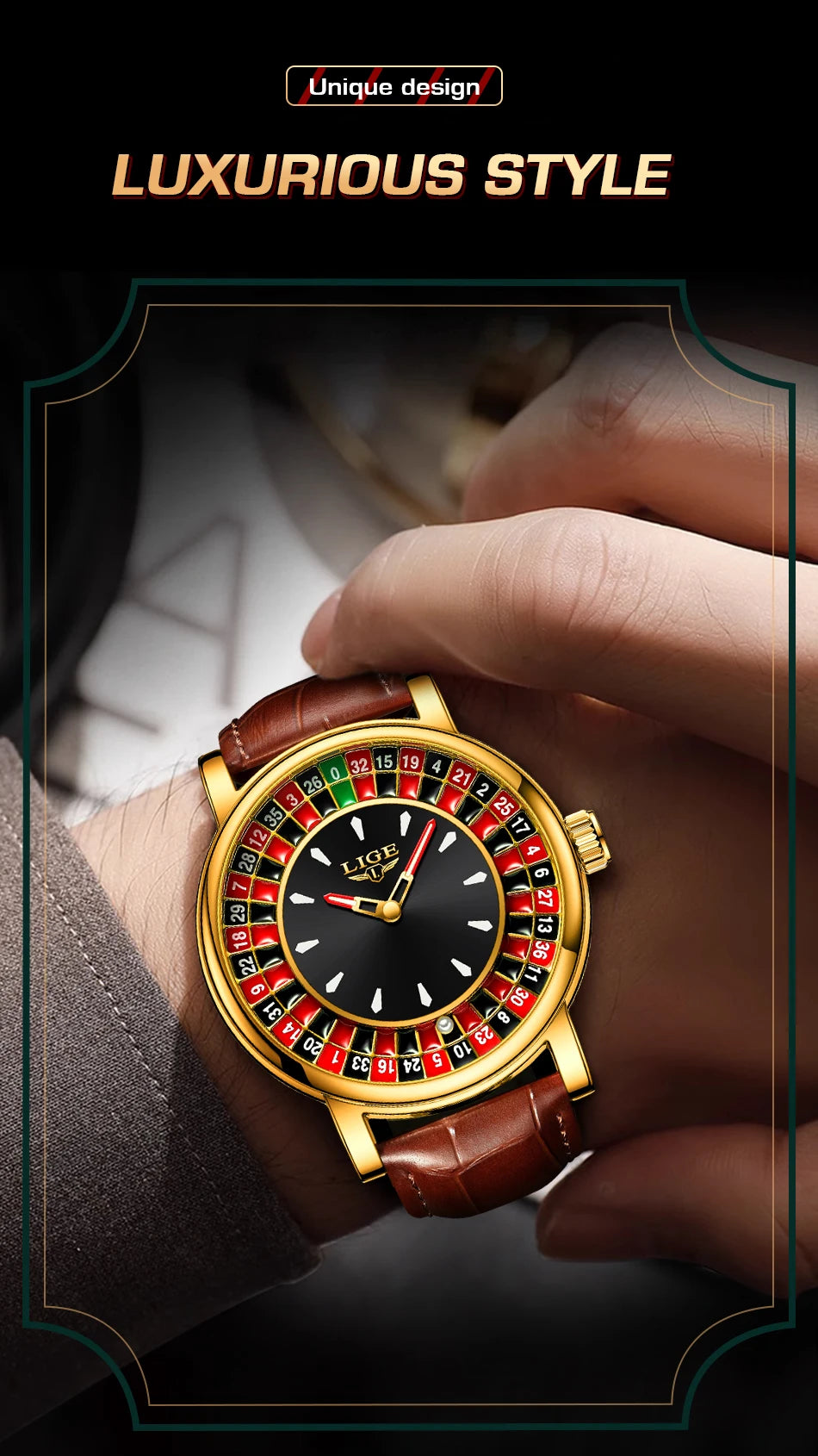 LIGE Creative Golden Mens Watches Roulette Game Dial Fashion Man Watch Waterproof Luminous Quartz Wristwatches Rolling Ball+Box