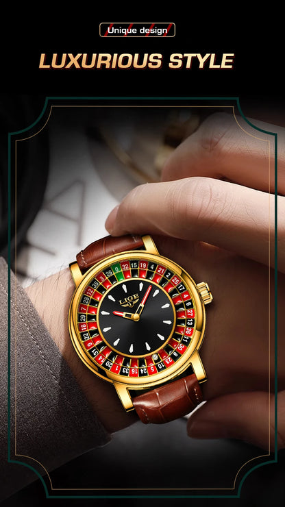 LIGE Creative Golden Mens Watches Roulette Game Dial Fashion Man Watch Waterproof Luminous Quartz Wristwatches Rolling Ball+Box