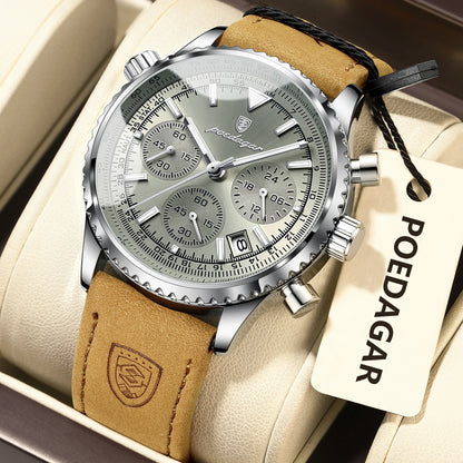 POEDAGAR Original Men's Clock Chronograph Date Waterproof Luminous Luxury Male Wristwatch Fashion Leather Quartz Watches For Man