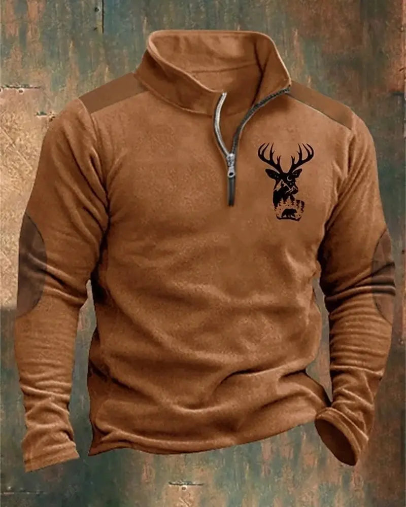 3D Printed Animal Pattern Zipper Sweatshirt For Men Vintage Elk Wolf Pattern Long Sleeve Pullover Autumn Casual Comfortable Tops