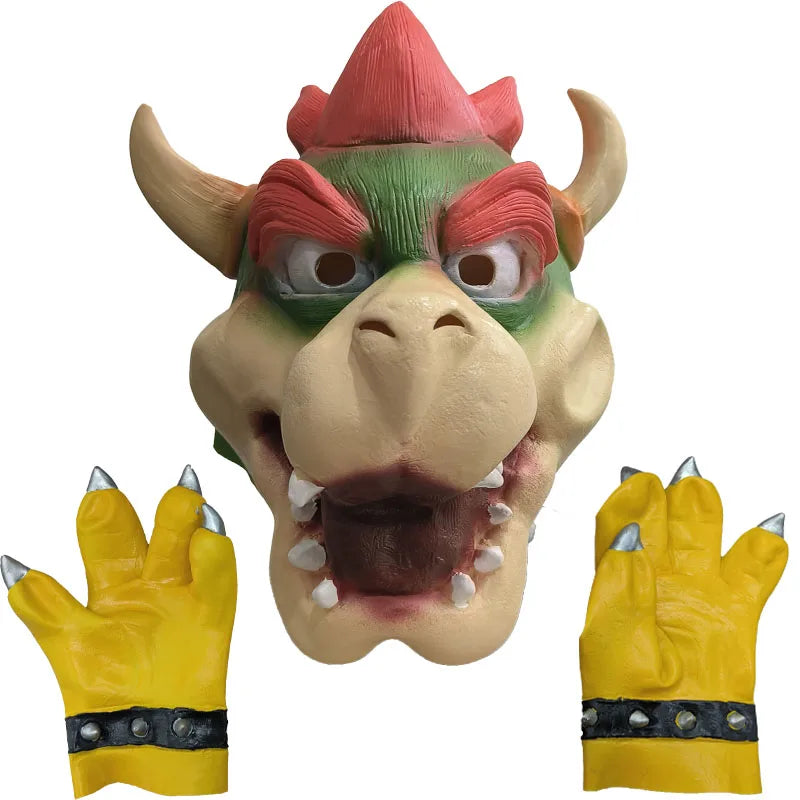 Bowser Cosplay Mask and Glove Costume, Cute Dinosaur Claw Pad Latex Gloves, Anime Halloween Party Role-Play Mask