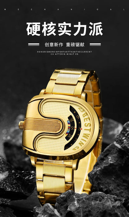 Gold Top Brand Luxury Men Watches Unique Design Stainless Steel Band Golden Dropship relogio masculino High Quality Male