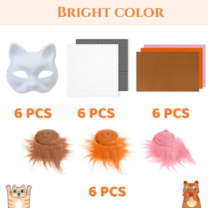 6 Sets Therian Mask Kit Paper Blank Masks Half Face Hand-painted Cat Mask DIY Masks For Masquerade Cosplay Party Christmas Gifts