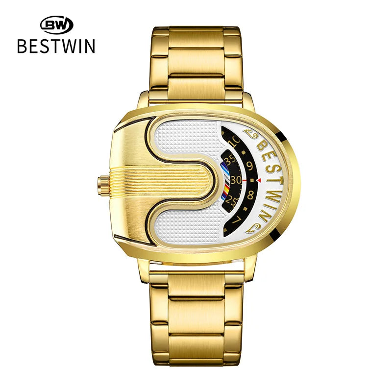 Gold Top Brand Luxury Men Watches Unique Design Stainless Steel Band Golden Dropship relogio masculino High Quality Male