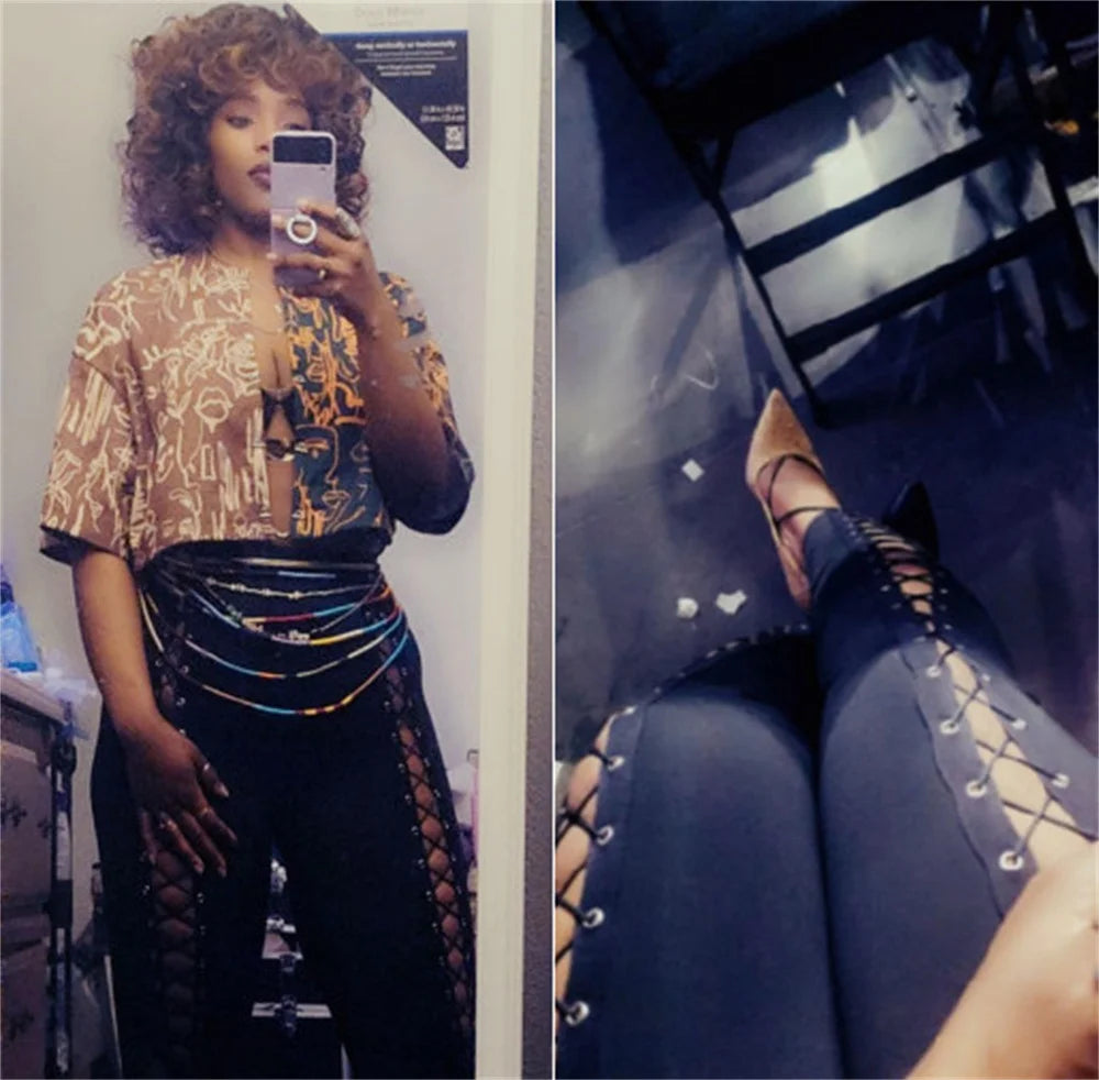 Women Lace Up Pants Chic Punk Skinny Legging Pants Slimming Trousers Gym Hole and Bandge