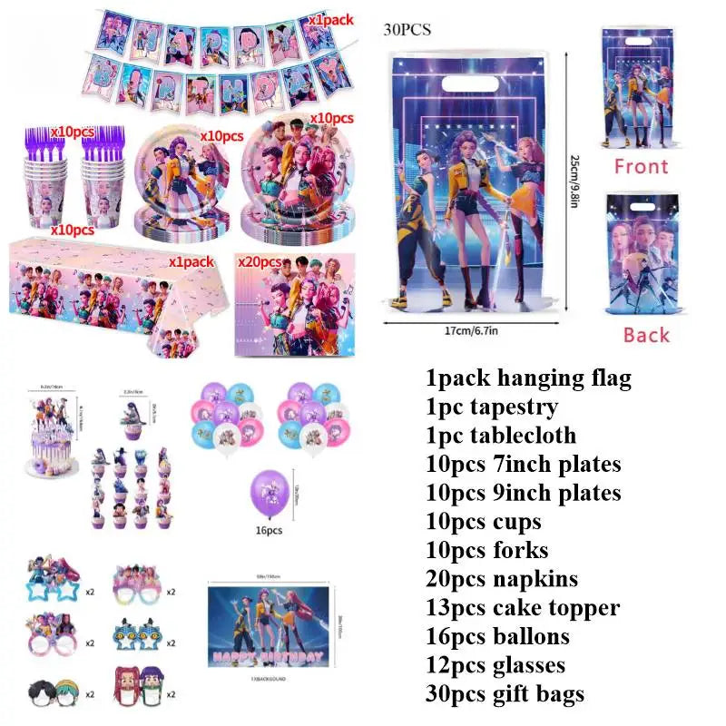 Kpop Birthday Party Decoration Tableware Set Birthday Party Supplies Balloons Cake Topper Hanging Flag Cups K-pop Party Decor