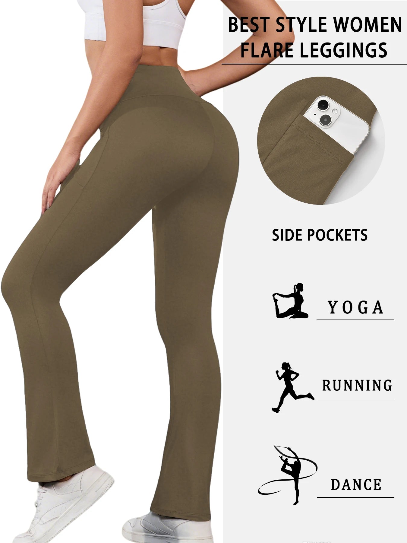 Women Flare Leggings with Pockets High Waisted Super Soft Tummy Control No See Through Yoga Running Workout Home Casual