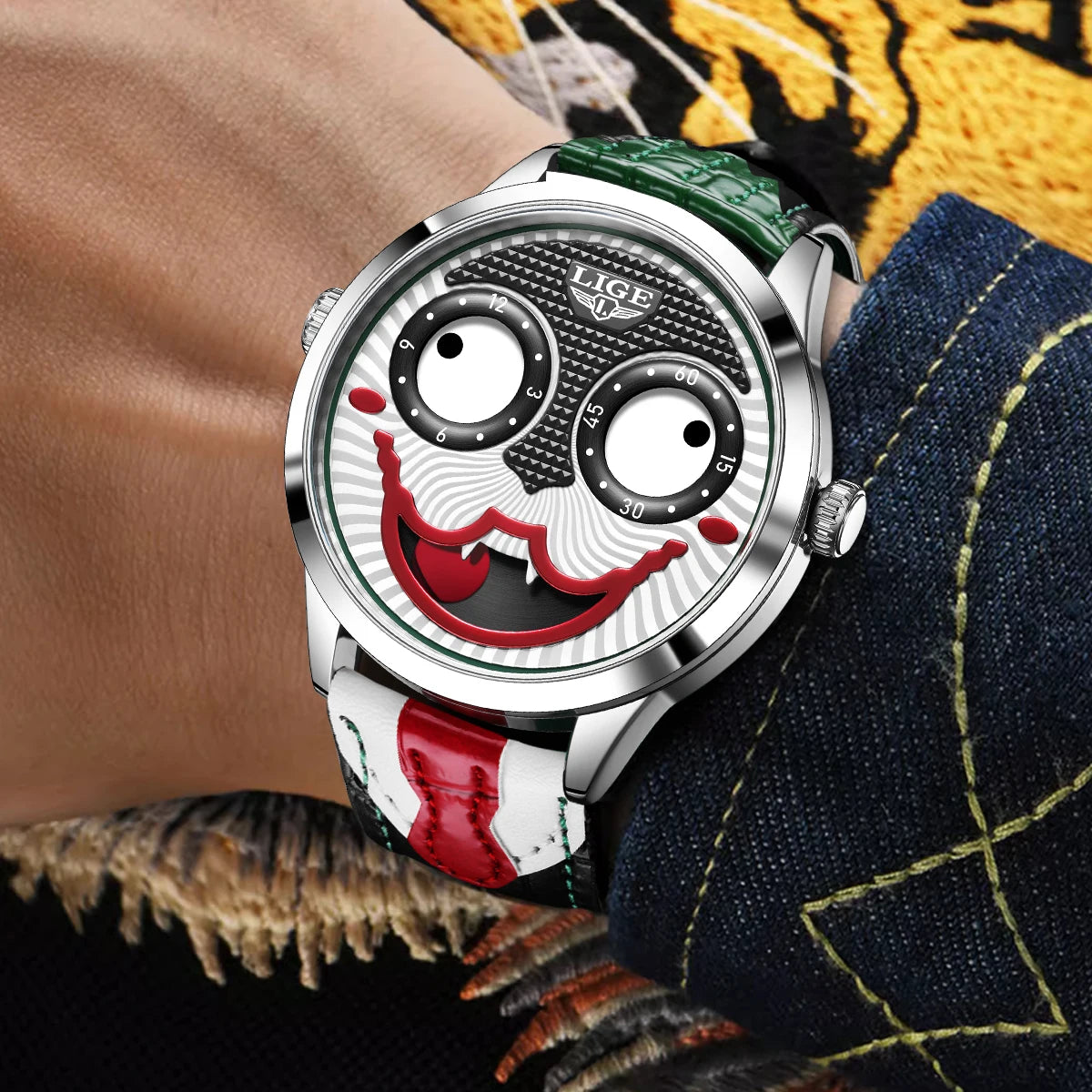 LIGE Creative Joker Watch Men Clown Men's Watches Fashion Leather Strap Waterproof Quartz Wristwatches Moon Phase Clock+BOX