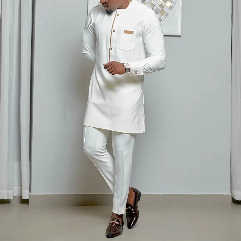 African Muslim Men Wedding Suit 2 Piece Set Long Sleeve Round Neck Top and Pants Traditional Style