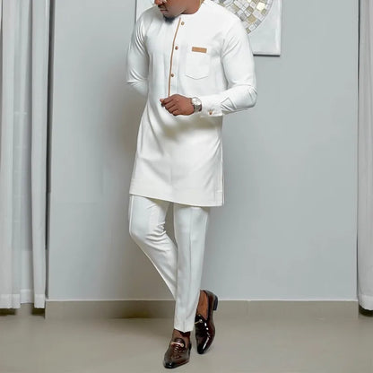 African Muslim Men Wedding Suit 2 Piece Set Long Sleeve Round Neck Top and Pants Traditional Style