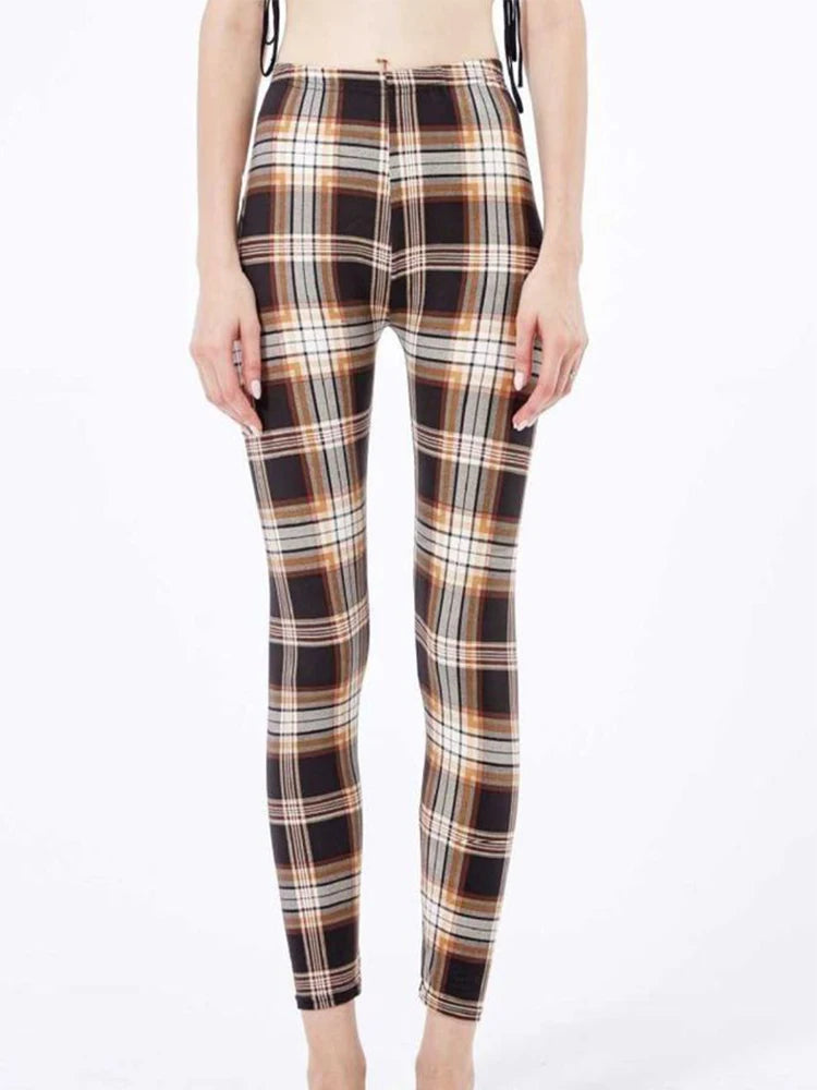 CUHAKCI Fashion Plaid Printing Leggings Women Sexy Fitness Leggins Grid Floral Stripe Trousers High Waist Pencil Pants