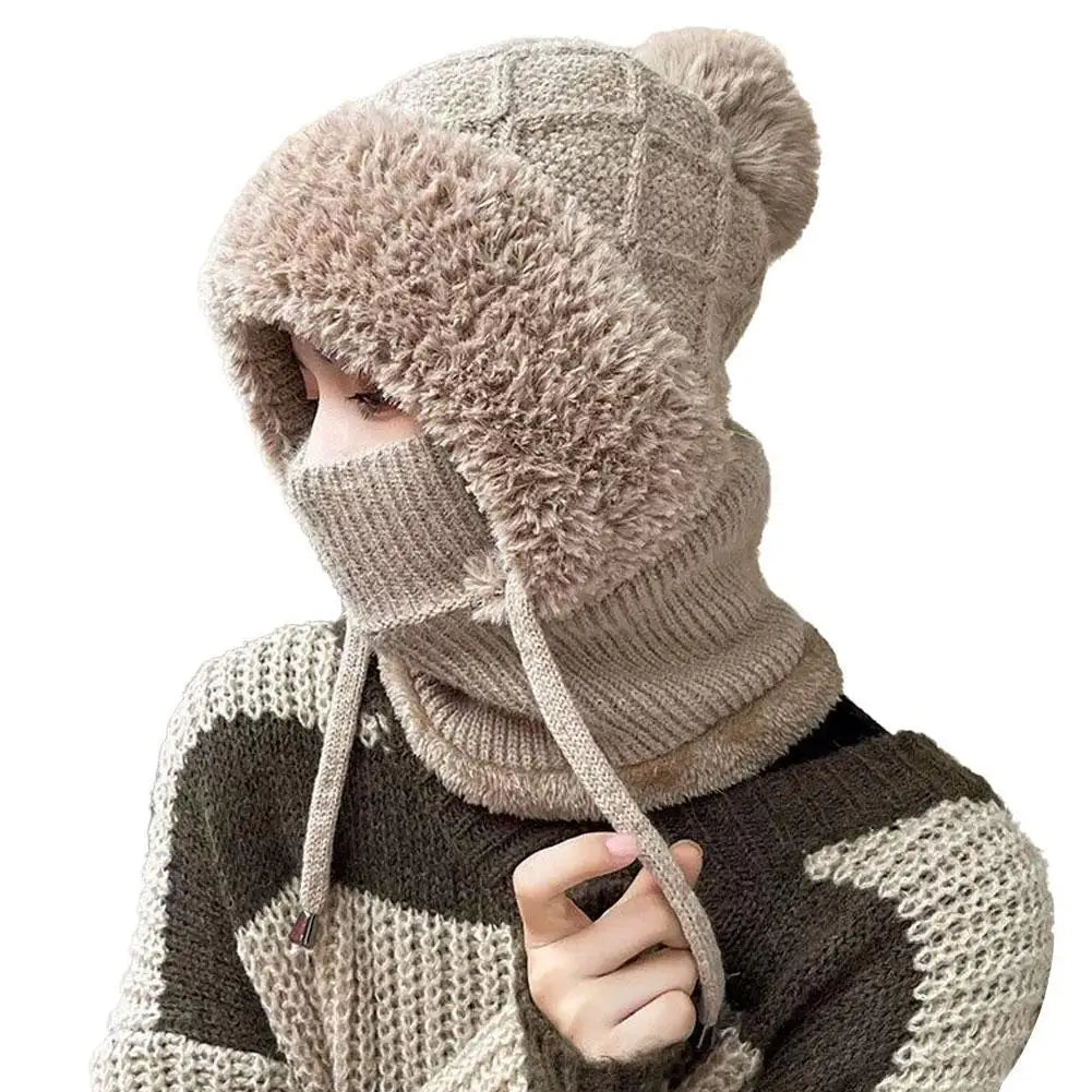Women Winter Velvet Knitted Woolen Balaclava Hat Ear Protection fluffy Hat Mask Neck Integrated Warmth Cover Hat lady hooded cap