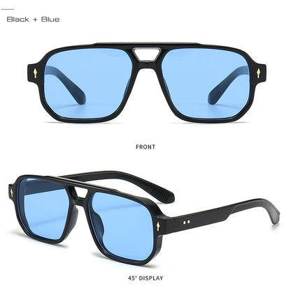 SO&EI Vintage Double Bridges Men Square Sunglasses Fashion Clear Ocean Lens Eyewear Women Trending Rivets Sun Glasses UV400