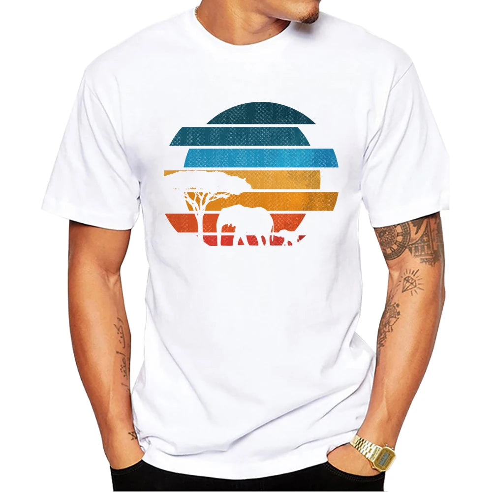 TEEHUB Mountain Sunset Brushstrokes Men T-Shirt African Safari Sunset T Shirts Short Sleeve Tshirts Geometric Harajuku Tee