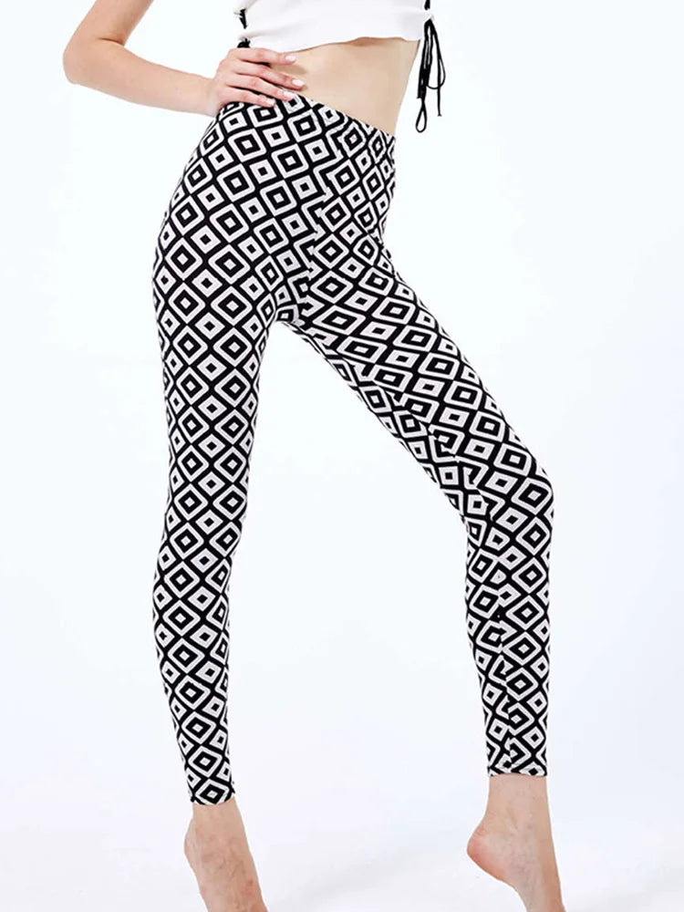 CUHAKCI Fashion Plaid Printing Leggings Women Sexy Fitness Leggins Grid Floral Stripe Trousers High Waist Pencil Pants