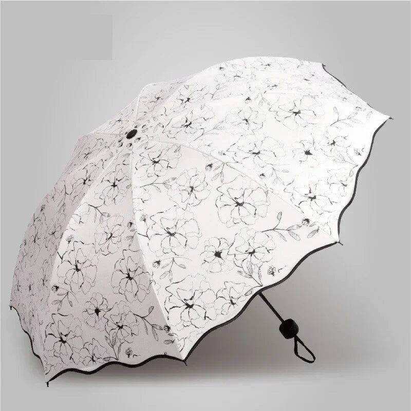 New Wave Edge Umbrella for Girls UV Protection Black Coating Hibiscus Flower Princess Fashion