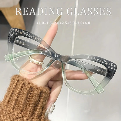 Fashion Lady Color-blocked with embedded water droplets ladies' reading glasses, With Prescription 1.0X-4.0X Cat-eye Glasses
