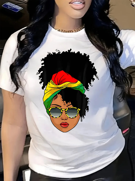 Summer Women's African American Female Portrait Pattern Print Casual Sports Loose Round Neck Short Sleeve T-shirt Top