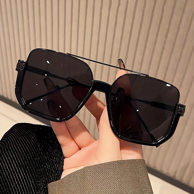 Oversized Square Aviator Sunglasses – Black Frame with Double Bridge, Brown Gradient Lens, UV400 Fashion Sun Glasses for Women