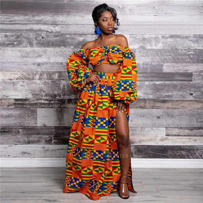 African Clothing National Print 2 Piece Set Women Sexy Slash-neck Long Sleeve Tops +High Slit Maxi Skirt Summer Casual Lady Suit