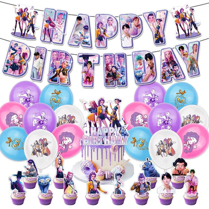 Kpop Birthday Party Decoration Tableware Set Birthday Party Supplies Balloons Cake Topper Hanging Flag Cups K-pop Party Decor
